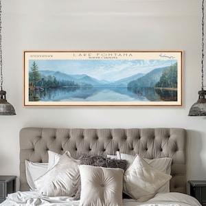 Lake Fontana North Carolina Framed Canvas Print, Lake House Decor, Panoramic Wall Art, Travel Poster, Beautiful Lake Painting, Home Art