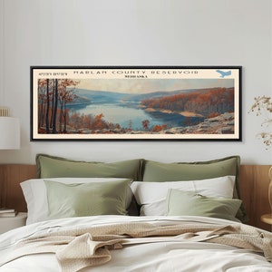 Harlan County Reservoir Nebraska Framed Canvas Print, Lake House Art, Panoramic Wall Art, Travel Poster, Scenic Lake Painting, Home Decor