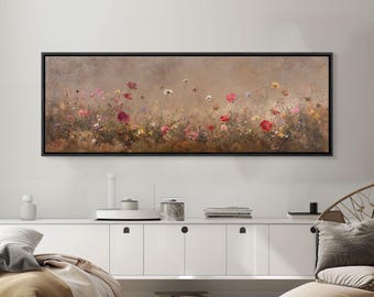 Wild Flowers On a Grey Background, Framed Canvas Print, Panoramic Oil Painting Print, Boho Farmhouse Decor, Modern Rustic Primitive Decor