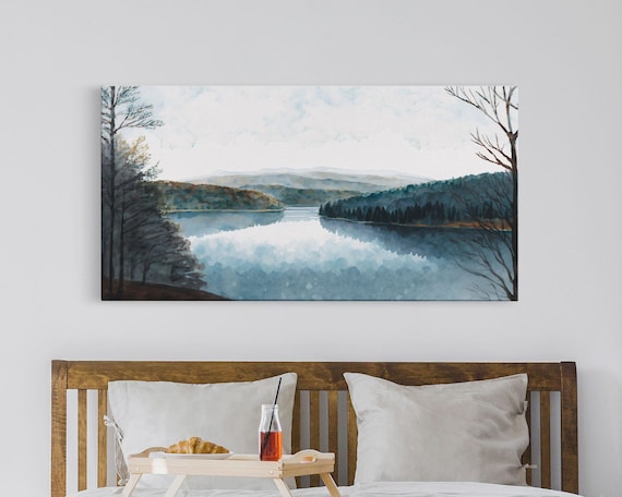 Blue Lake Art | Framed Canvas Print | Blue Lake Painting | Lake House Decor | Guest Room Landscape Painting | Detroit Lake Painting