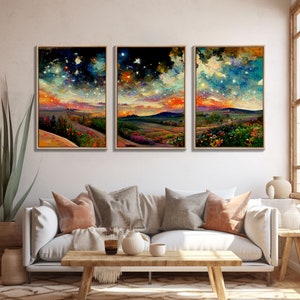 Night Starry Sky Landscape Colorful Night Sky Nature Living Room Wall Art Spiritual Starry, 3 Piece Wall Art, Ready To Hang Canvas Print image 3