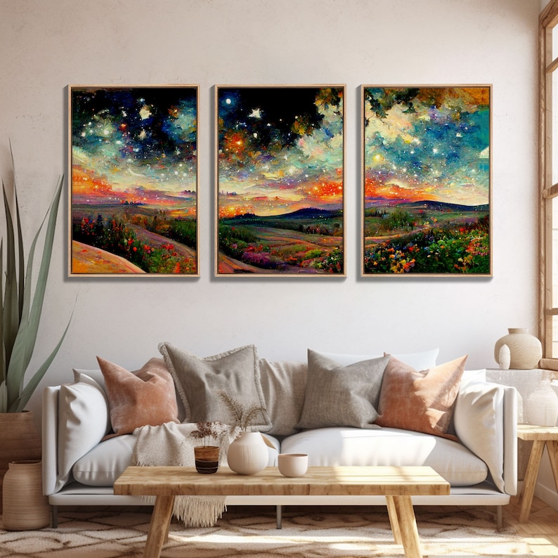 Night Starry Sky Landscape Colorful Night Sky Nature Living Room Wall Art Spiritual Starry, 3 Piece Wall Art, Ready To Hang Canvas Print image 3