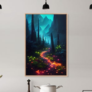 Luminescent magical forest canvas print, glowing trail though the trees, fantasy art