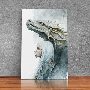 The Girl and Her Dragon, Wall Art, Fantasy Art, Art Print, Framed Canvas Art, Canvas Print, Gamer Decor, Gamer Girl Gift