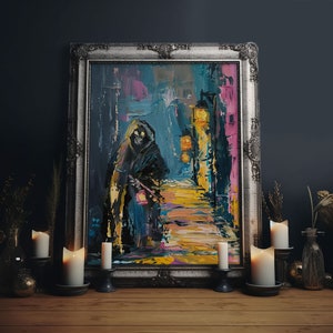 Halloween Grim Reaper with Lantern, Framed Canvas Print, Wall Art, Living Room Decor, Spooky, Grim Reaper Art, Original Painting