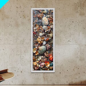 Framed Canvas Print Skinny Art of a Variety of Colorful Seashells Arranged in a Pattern, Perfect Tall Art for Beach Themed Rooms