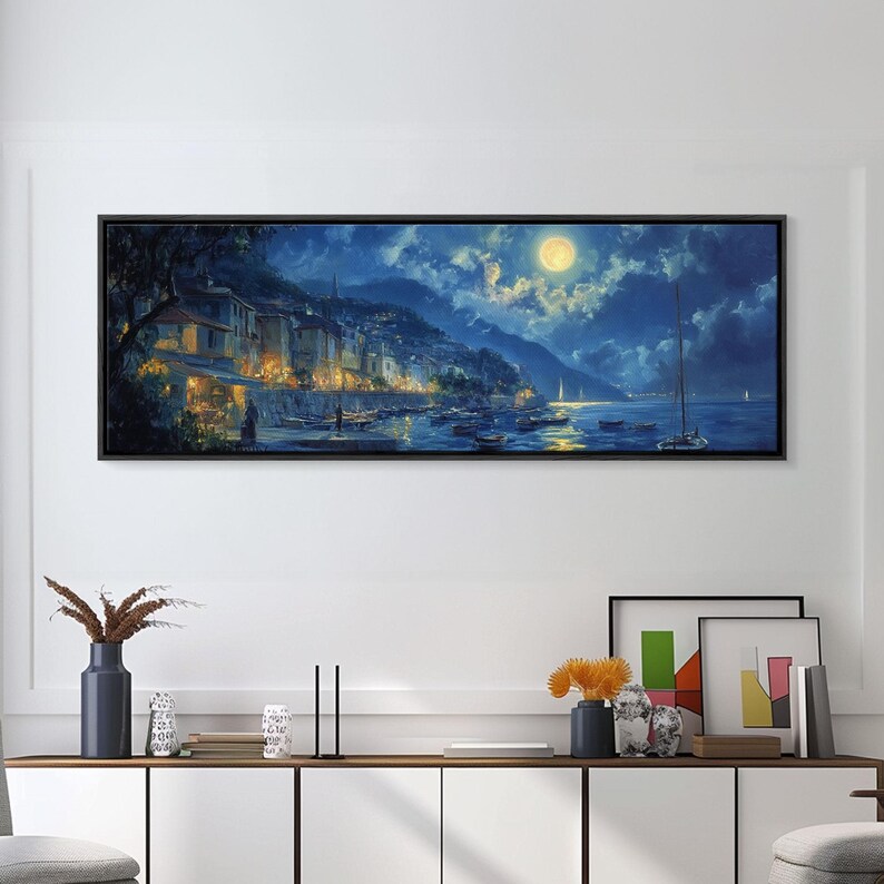 Italian Fishing Village at Midnight Under a Full Moon, Framed Canvas