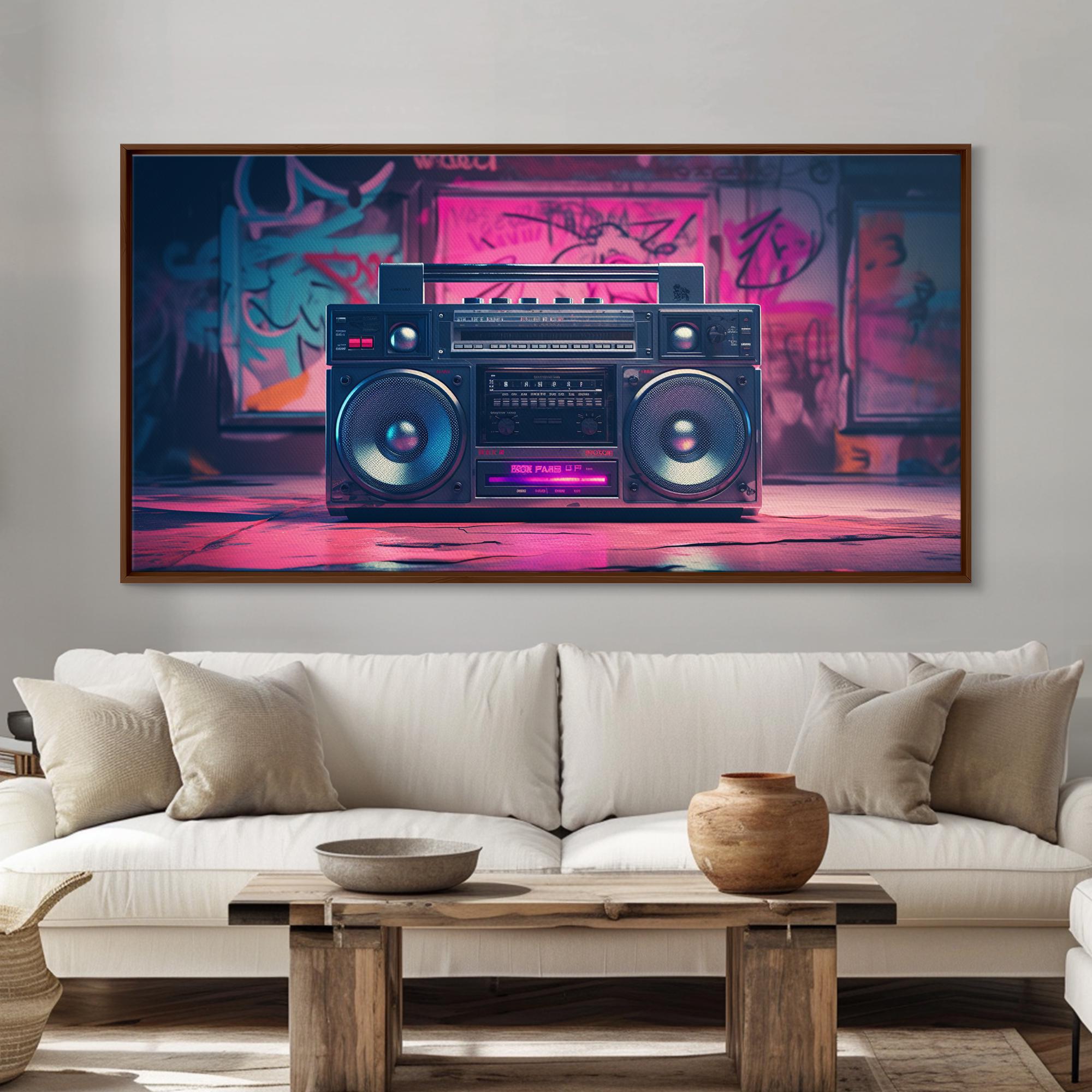 Vaporwave Boombox Wall Art, Framed Canvas Print, 1980s Inspired
