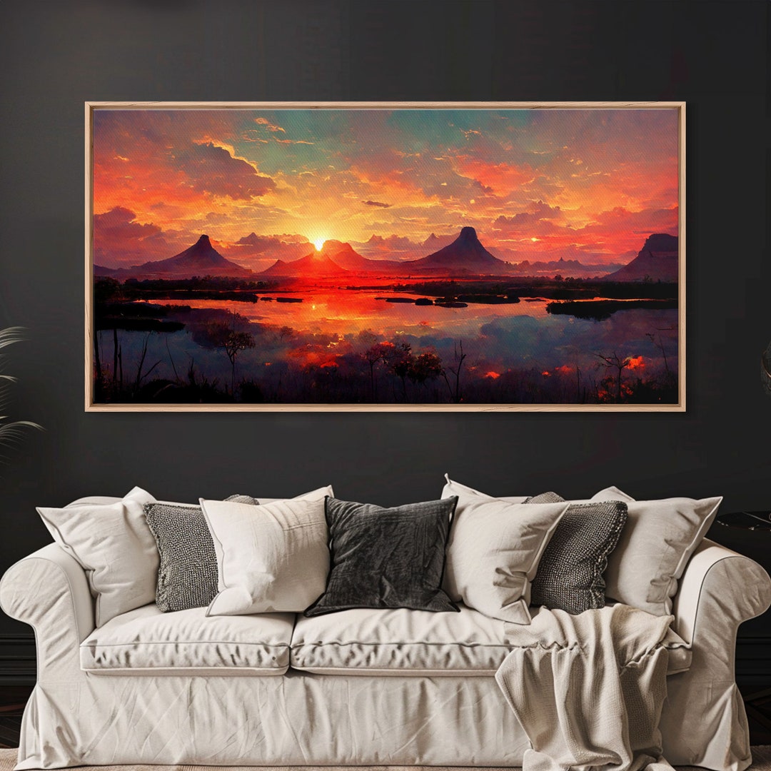 Mountain and Lake Sunset Wall Art Oil Painting on Canvas, Canvas Print ...