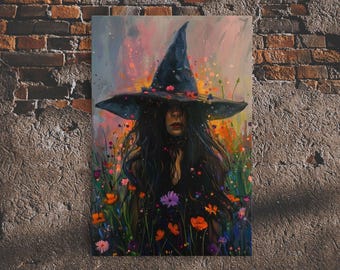 Portrait of A Wildflower Witch, Cottagecore, Framed Canvas Print, Beautiful and Enchanting Wall Art, Floral Witch, Colorful Decor For Her