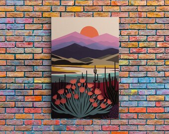 Boho Style Mountain Landscape, Minimalist Art, Sunset Over The Mountains
