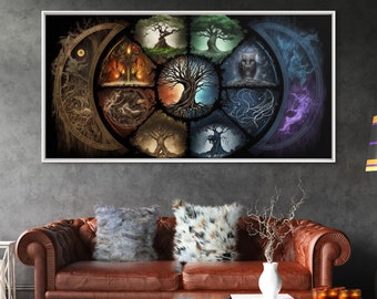 The Interconnected 9 Realms of Norse Mythology with Yggdrasil, Nordic Art, Framed Canvas Print, Nine Realms, Viking Art