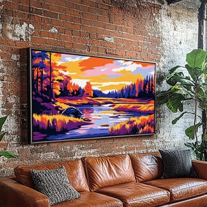 Autumn River, Vibrant Fall Landscape, Warm Color Nature Art, Bold Scenic Print, Framed Canvas Print, Living Room Wall Art