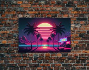 The Neon Boardwalk, Florida Synthwave Sunset, framed canvas print, retro style Miami vibes art