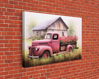 Old Pink Truck Used As a Flower Bed, Framed Canvas Print Or Poster, Rustic Farmhouse Decor, Primitive Art, Country Home Art