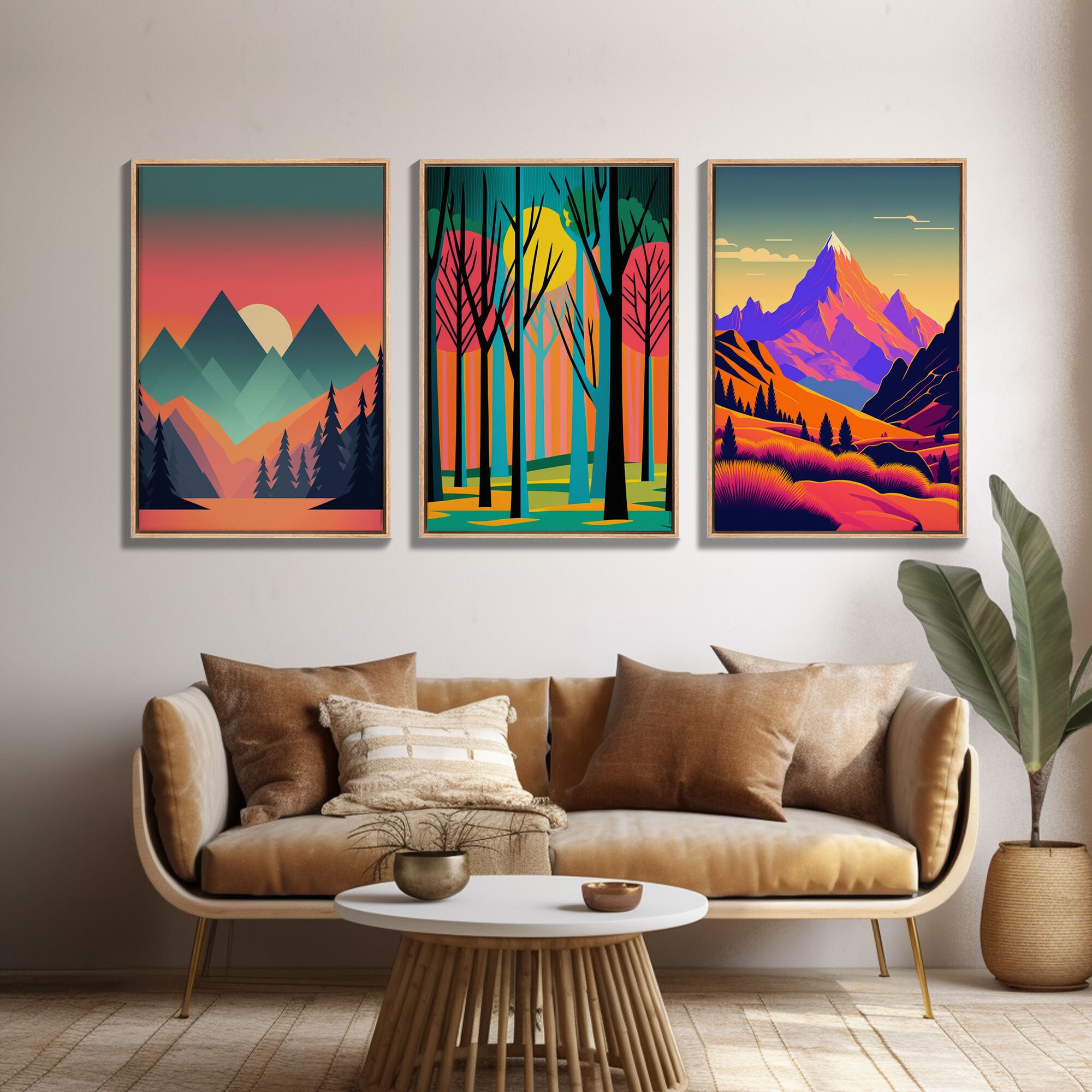 Mid Century Modern Wall Art, Framed Wall Art, 3 Piece Wall Art