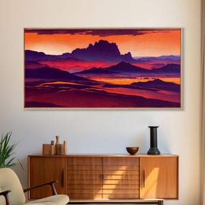 Arizona Desert Landscape at Sunset, Vaporwave Style Landscape, Cool Office Art, Ready To Hang Framed Canvas Print, Oversize Wall Art