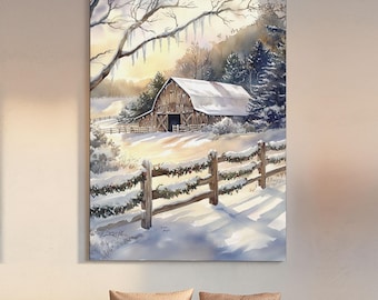 Winter Barn Painting Framed Canvas Print, Xmas Wall Art, Xmas Gift, Winter Wonderland Gift Idea, Western Decor