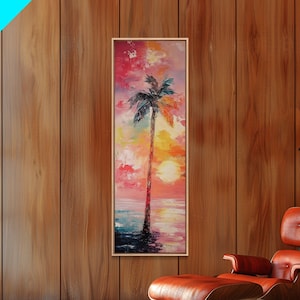 Palm Tree at Sunset Framed Canvas Print, Coastal Oil Painting, Coastal Decor, Tall Narrow Art, Accent Piece Wall Art, Coastal Landscape Art