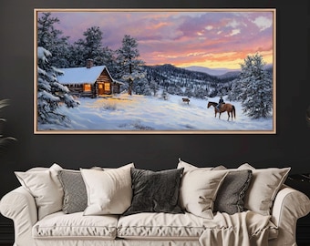 Large Cabin Winter Scene Framed Canvas Print Perfect Wall Art Home Decor, Rustic Christmas Art, Winter Art Print Gift Seasonal Wall Decor