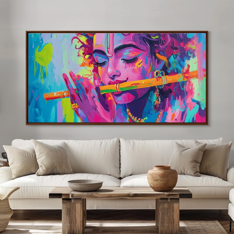 Radha Krishna Painting Print, Hindu Wall Art, Framed Canvas Print, Hinduism Wall Art, Krishna Wall Art, Krishna Playing A Flute afbeelding 15