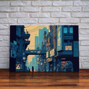 8 bit pixel art cyber punk city, video game concept art, framed canvas print, game room art