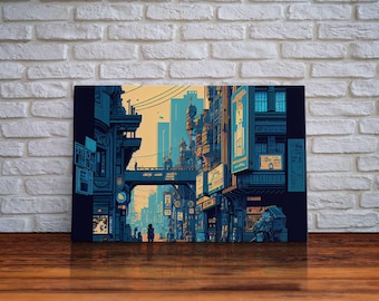 8 bit pixel art cyber punk city, video game concept art, framed canvas print, game room art
