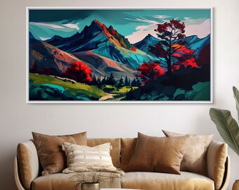 Watercolor Panoramic Landscape Canvas Print, Framed Canvas, Colorful Nature Art