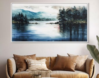 Subdued Whimsical Lake Painting, Framed Canvas Print, Original Watercolor Painting, Lakehouse Art, Framed Wall Art, Farmhouse Wall Decor