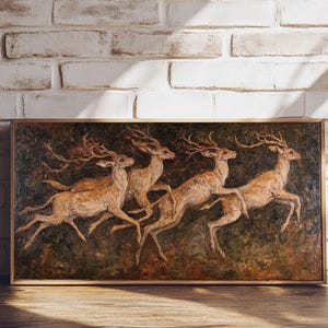 Deer In The Forest 19th Century Folk Art Style Canvas Print, Folk Art Oil Painting Print, Liminal Art, Abstract Painting Home Decor