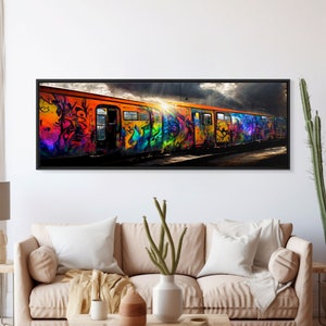 Graffiti Covered Train, Colorful Graffiti Art, Extra Large Wall Art, Framed Panoramic Canvas Print, Framed Wall Decor | Wall Art