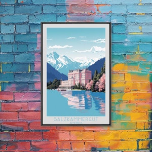 Salzkammergut Travel Art Framed Canvas Print, Austria, Home Decor, Travel Poster, Vintage Wall Art, original Watercolor Painting