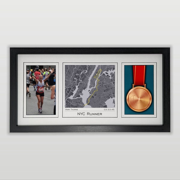 Routekaart van New York Marathonkaart, foto- en medaille-displayframe: cadeau voor de marathonloper van New York Print gemaakt op basis van uw hardloopgegevens