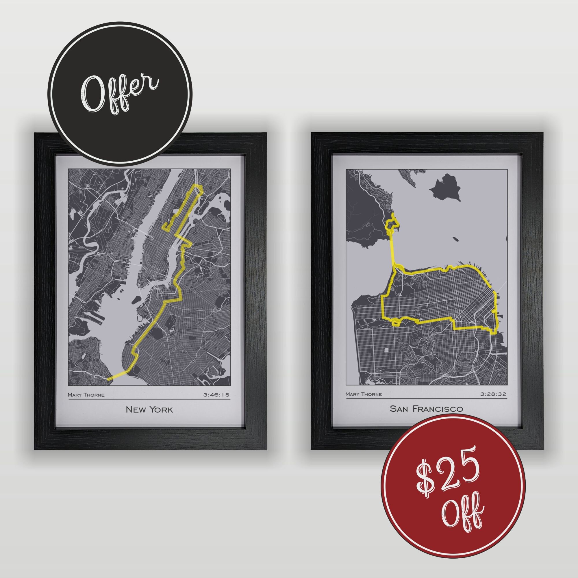 2 X Any Run Route Prints - Framed Gift For Runners, Marathon Runner Gifts