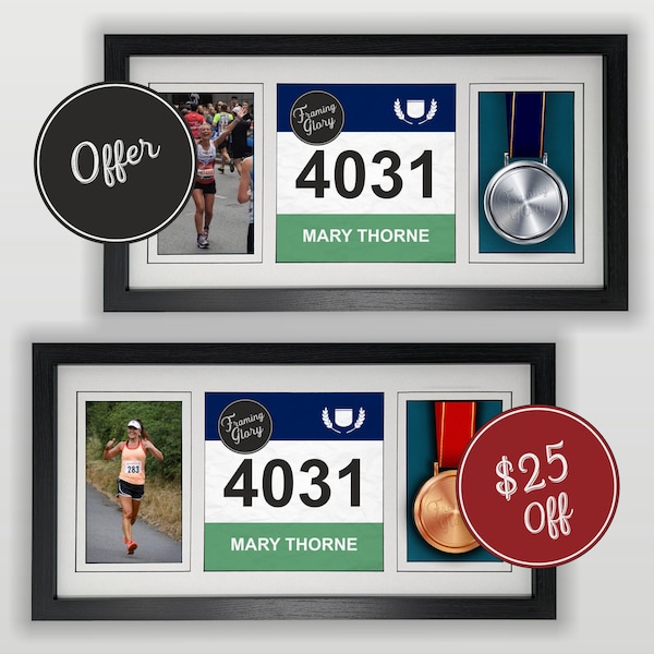 2 x Running Race Bib, Photo & Medal Display Frames : Gift for Runner - Running Bib Display Frame
