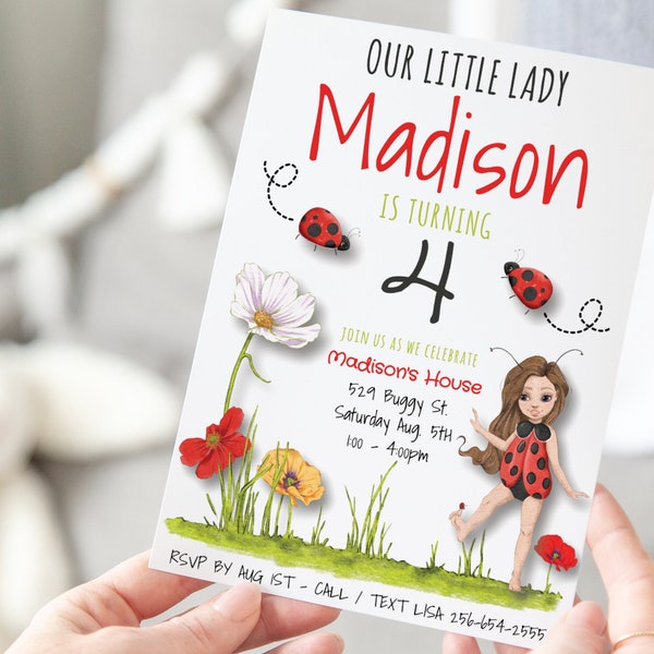Ladybug Editable Invitation | Ladybug Party | Girls Birthday Invitation | 5X7 Invitation | 4X6 Invitation | A203