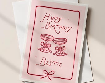Bestie Birthday Card, Cocktail Greetings Card, Pink Card For Her, Fun Birthday Card, Best Friend Birthday