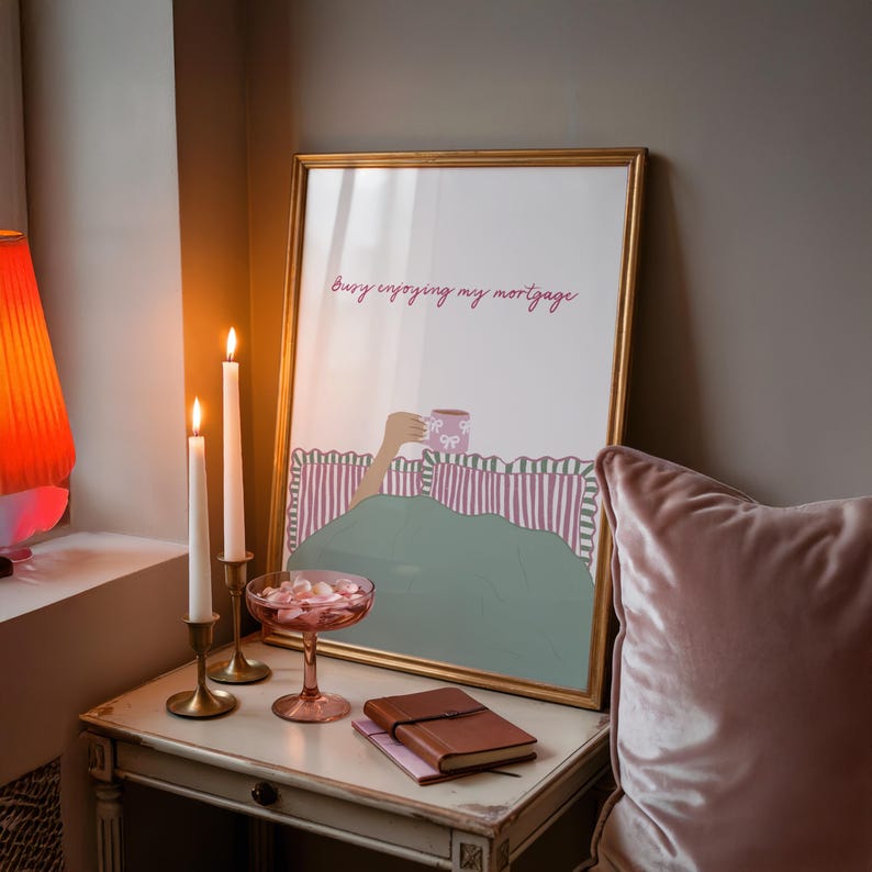 Busy Enjoying My Rent Wall Print | Pink Bedroom Dopamine Decor | Wine In Bed image 5