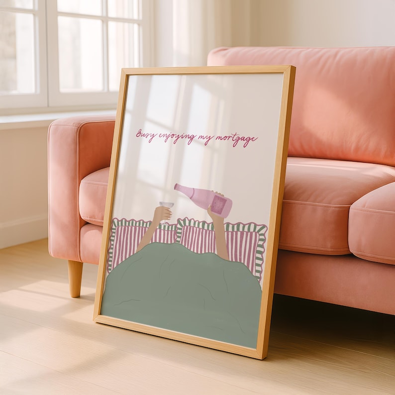 Busy Enjoying My Rent Wall Print | Pink Bedroom Dopamine Decor | Wine In Bed image 2