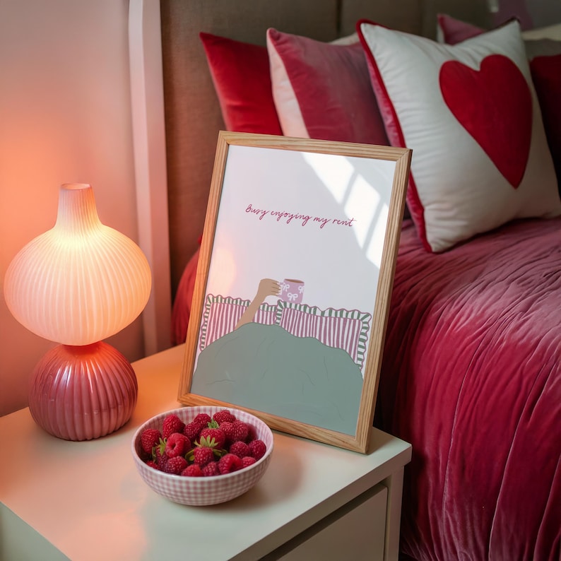 Busy Enjoying My Rent Wall Print | Pink Bedroom Dopamine Decor | Wine In Bed image 6