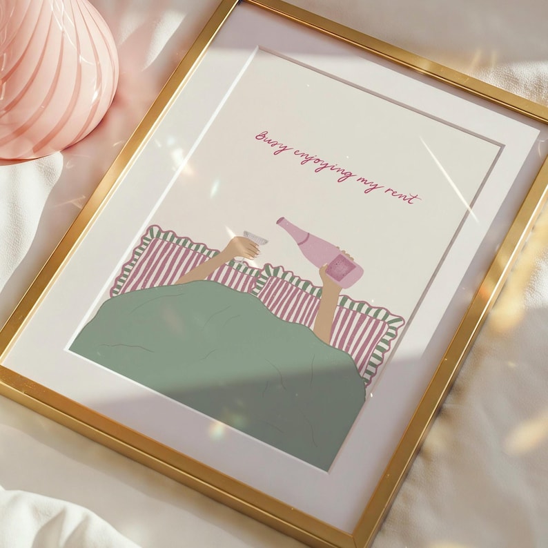 Busy Enjoying My Rent Wall Print | Pink Bedroom Dopamine Decor | Wine In Bed image 1
