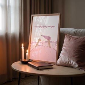 Busy Enjoying My Rent Wall Print | Pink Bedroom Dopamine Decor | Wine In Bed image 4
