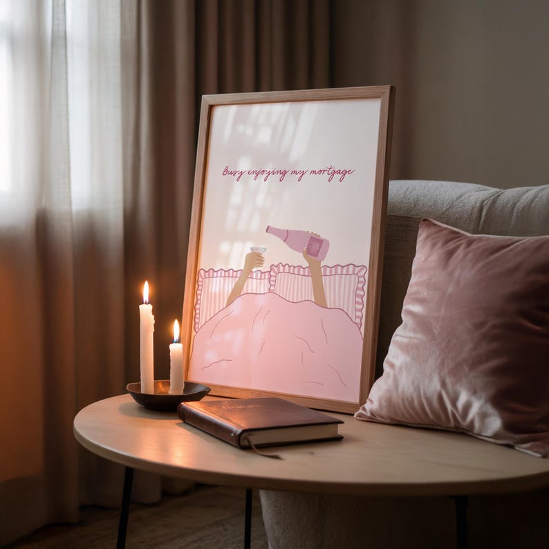 Busy Enjoying My Rent Wall Print | Pink Bedroom Dopamine Decor | Wine In Bed image 4