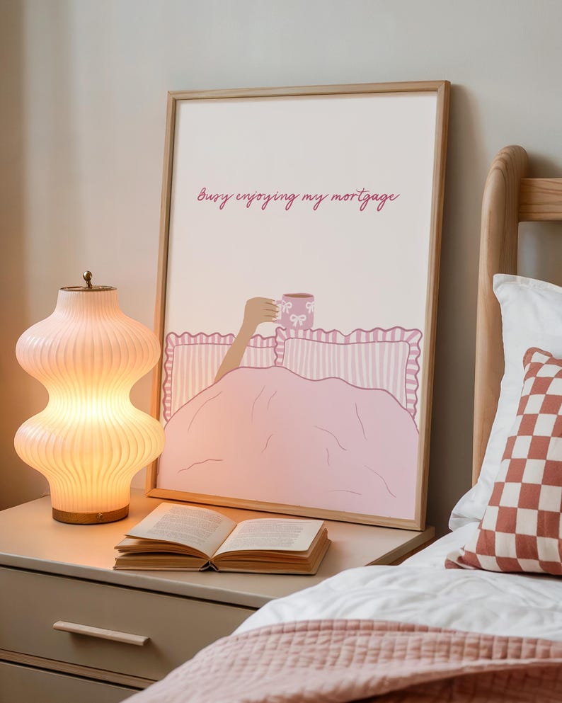 Busy Enjoying My Rent Wall Print | Pink Bedroom Dopamine Decor | Wine In Bed image 7