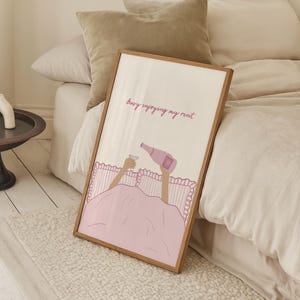 Busy Enjoying My Rent Wall Print | Pink Bedroom Dopamine Decor | Wine In Bed image 3