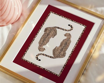 Leopard Wall Print | Red And Leopard Print Art | Dopamine Wall Art | Red Decor | Two Leopard Poster