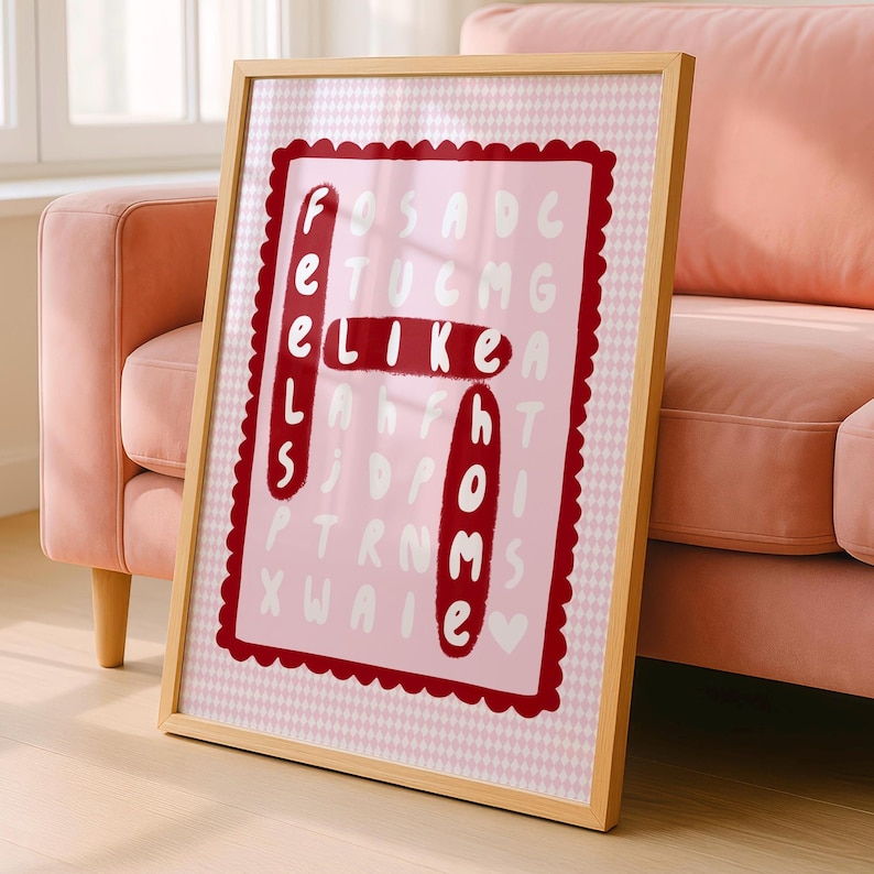 Voelt als thuis muurafdruk | Leuke roze en rode woondecoratie afbeelding 1