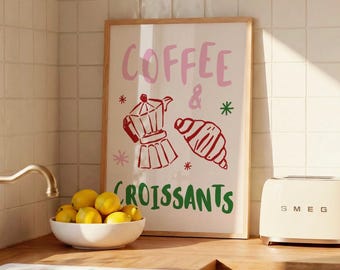 Muurdecoratie met koffie en croissants | Leuke keukendecoratie | Koffie muurkunst | Croissant print | Ontbijt muurprint