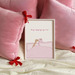 Busy Enjoying My Rent Wall Print | Pink Bedroom Dopamine Decor | Wine In Bed image 8