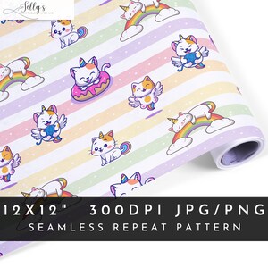 Cat Unicorn Pattern Digital Background for Commercial Use, Pastel Pattern, Digital Paper, Kawaii Pattern, Seamless Pattern, Kitten Pattern
